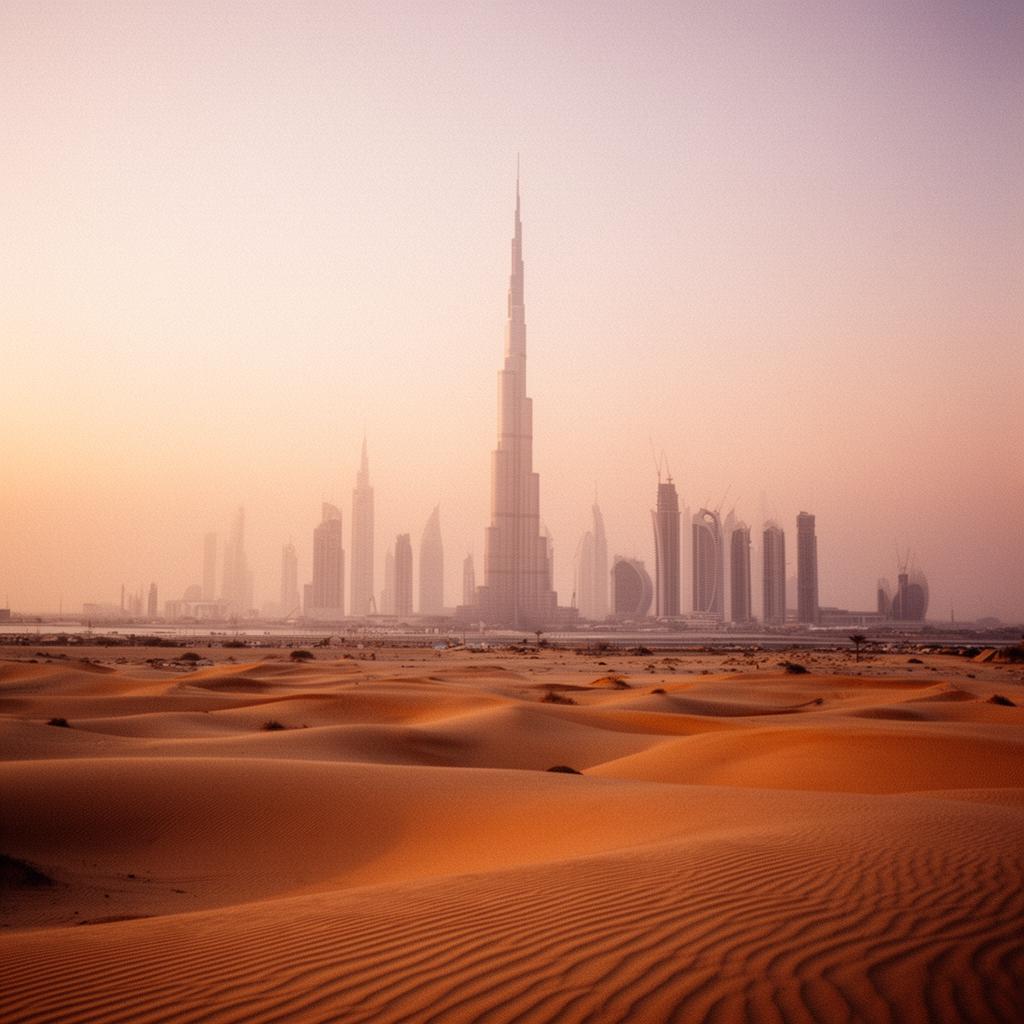 Dubai skyline at golden hour seen across warm desert dunes